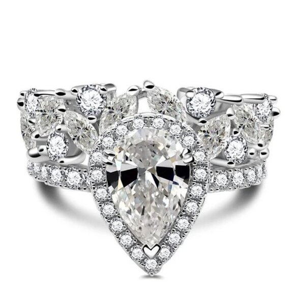 💎 925 Silver Plated Water Drop Shaped Cubic Zirconia Ring, MARR9473 - Picture 1 of 5